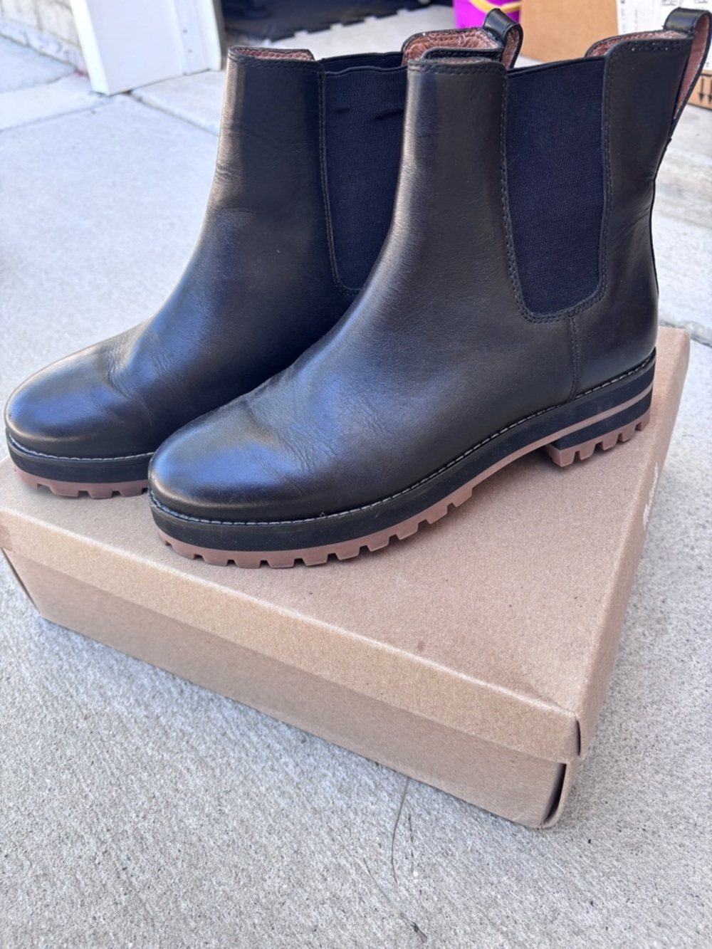 Madewell Black Leather Chelsea Ankle Boots with Brown Lug Sole